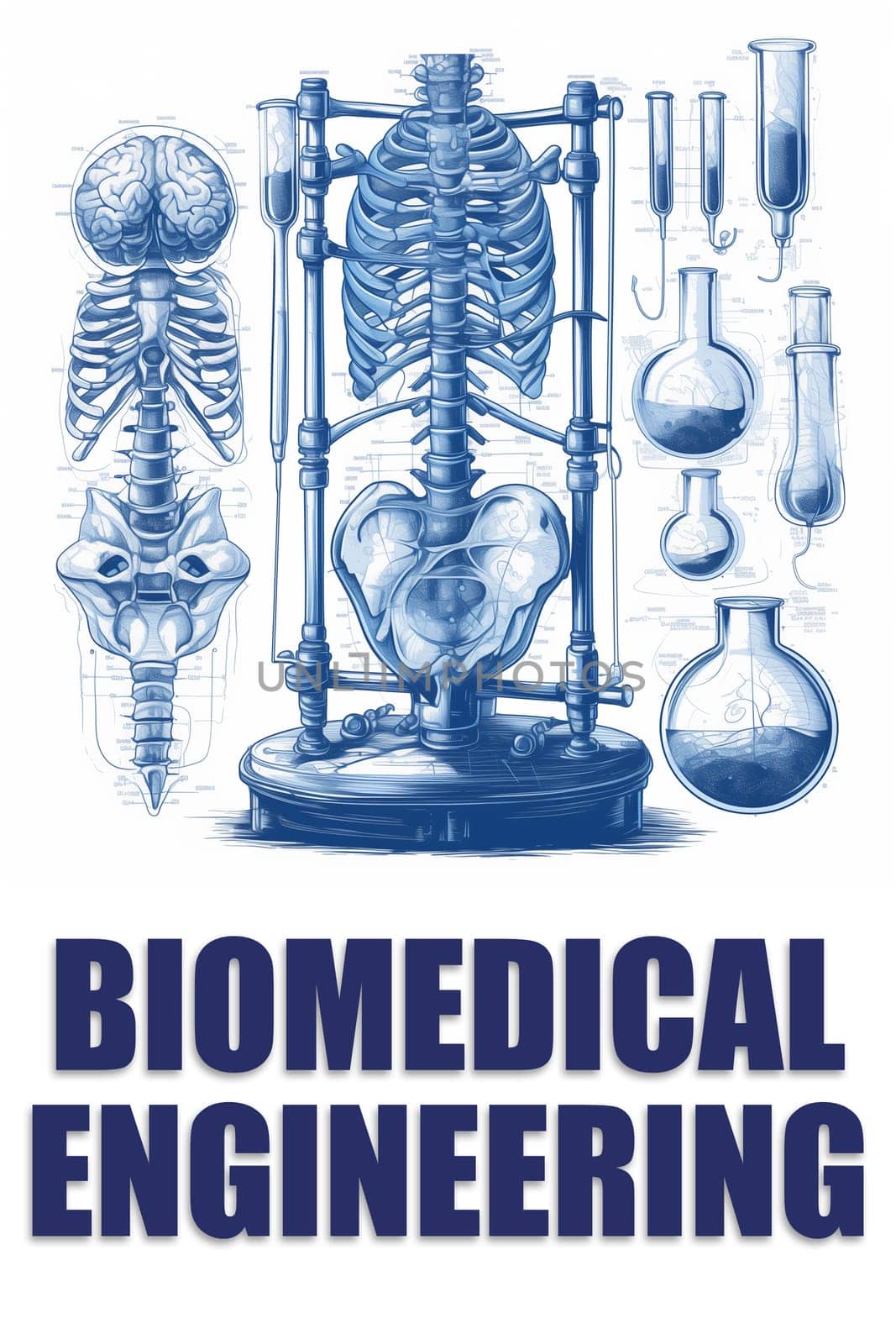 Blue Ink Illustration of Human Skeletal System and Laboratory Equipment for Biomedical Engineering by Sd28DimoN_1976