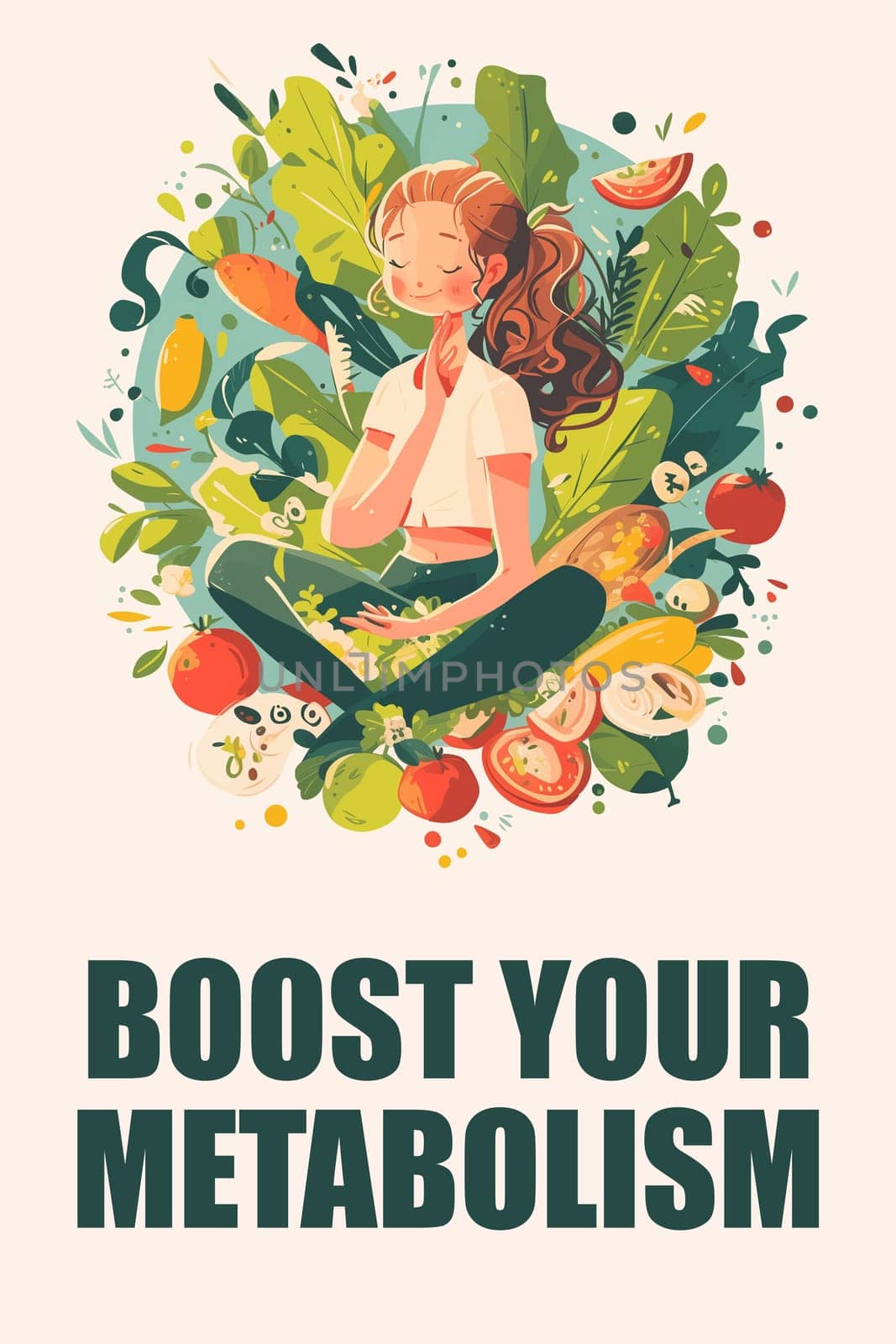 A woman sits in meditation surrounded by various fruits and vegetables, illustrating the benefits of a healthy diet for boosting your metabolism.