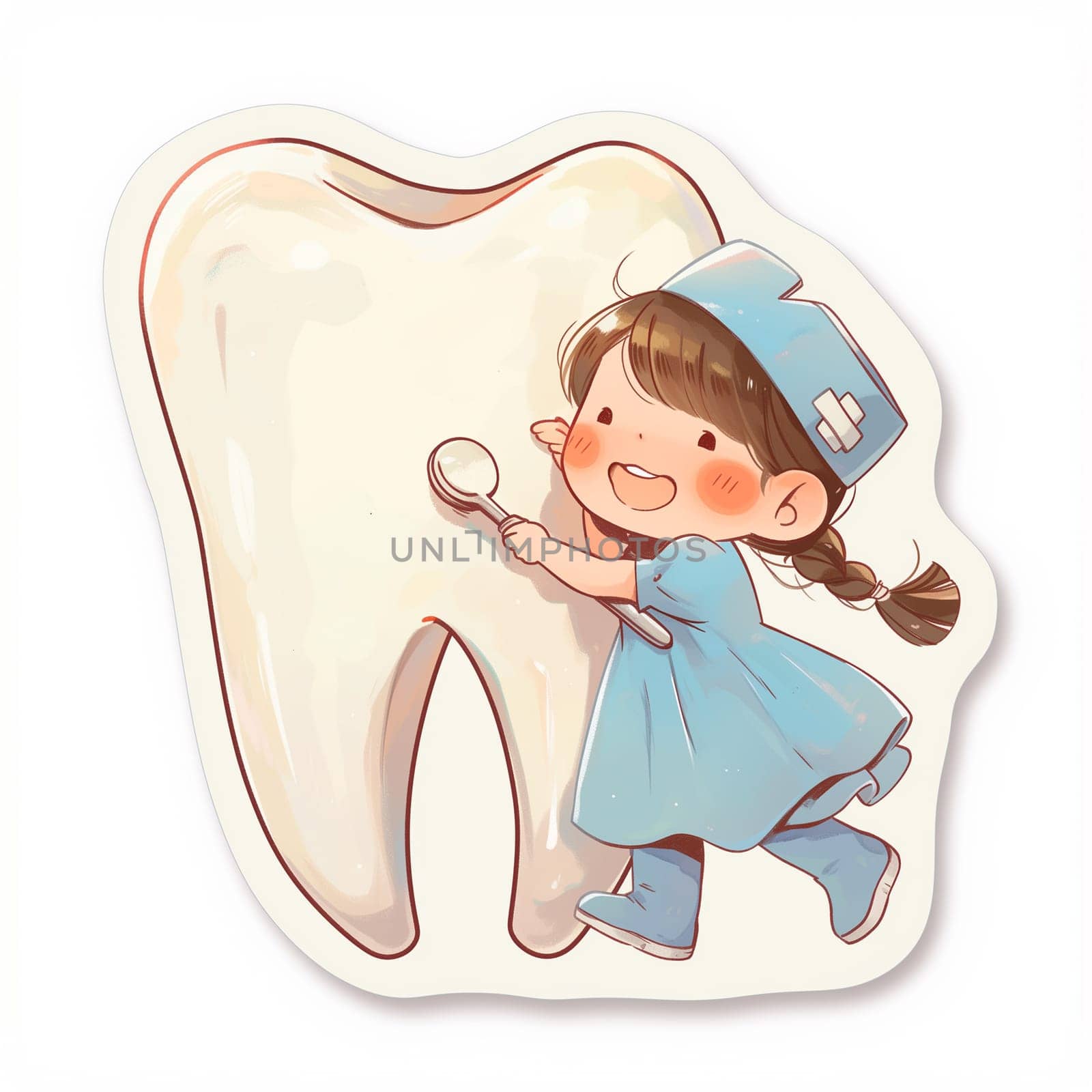A cute cartoon girl dressed as a dentist examines a large cartoon tooth with a mirror.