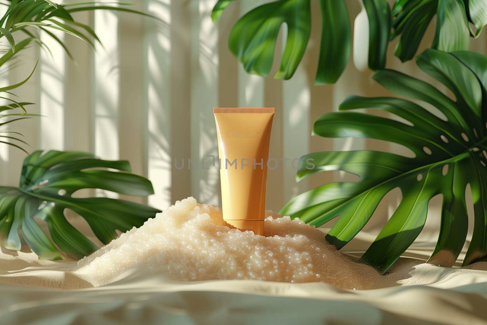 A tube of cream rests on a bed of white grains. Lush green leaves frame the scene.