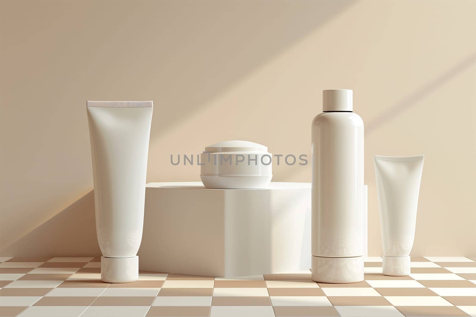 Four white cosmetic bottles and tubes stand on a checkerboard surface in soft, natural light. The bottles are empty, ready to be filled with a variety of products.