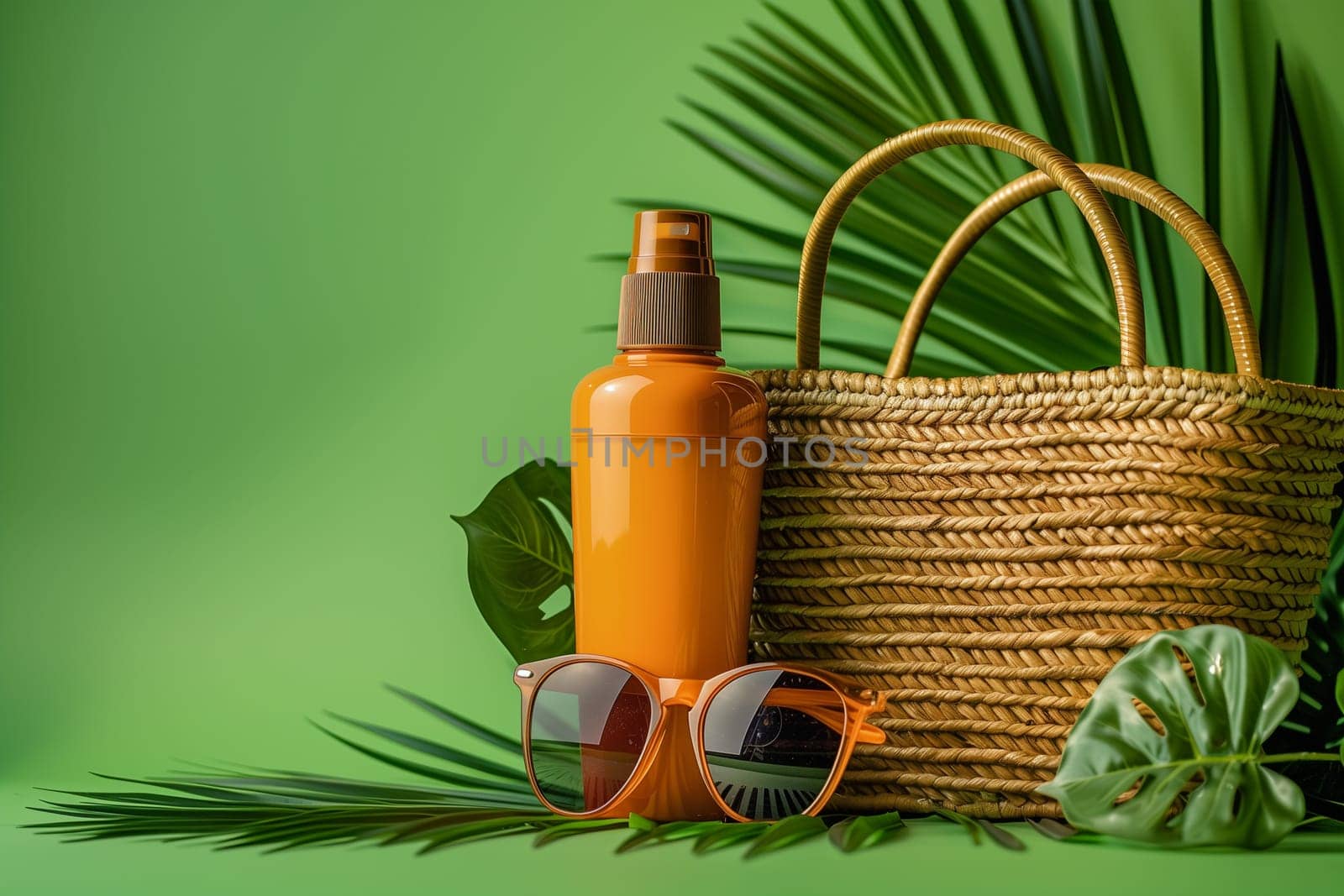 A close-up image of a bottle of sunscreen, a pair of sunglasses, and a woven bag on a green background.