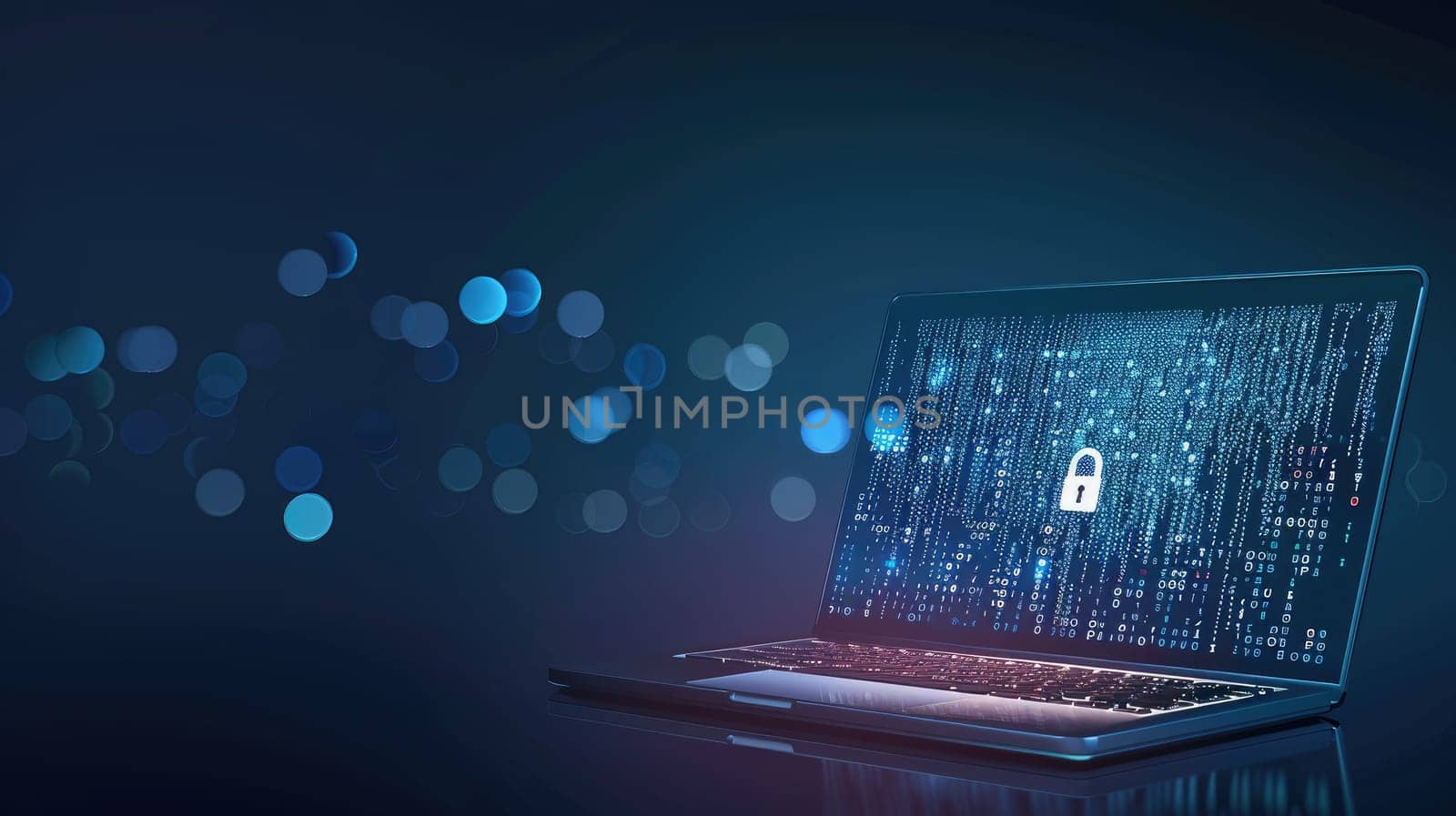 Laptop with white padlock icon with made of binary code and digital graphic on dark blue tone background.