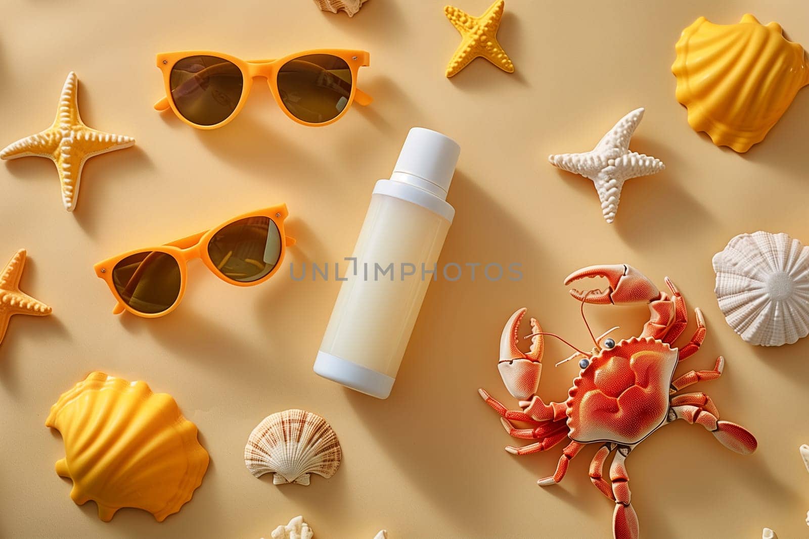 A flat lay photo of summer beach items, including sunglasses, seashells, and a bottle of sunscreen. There is also a red crab in the middle of the image.