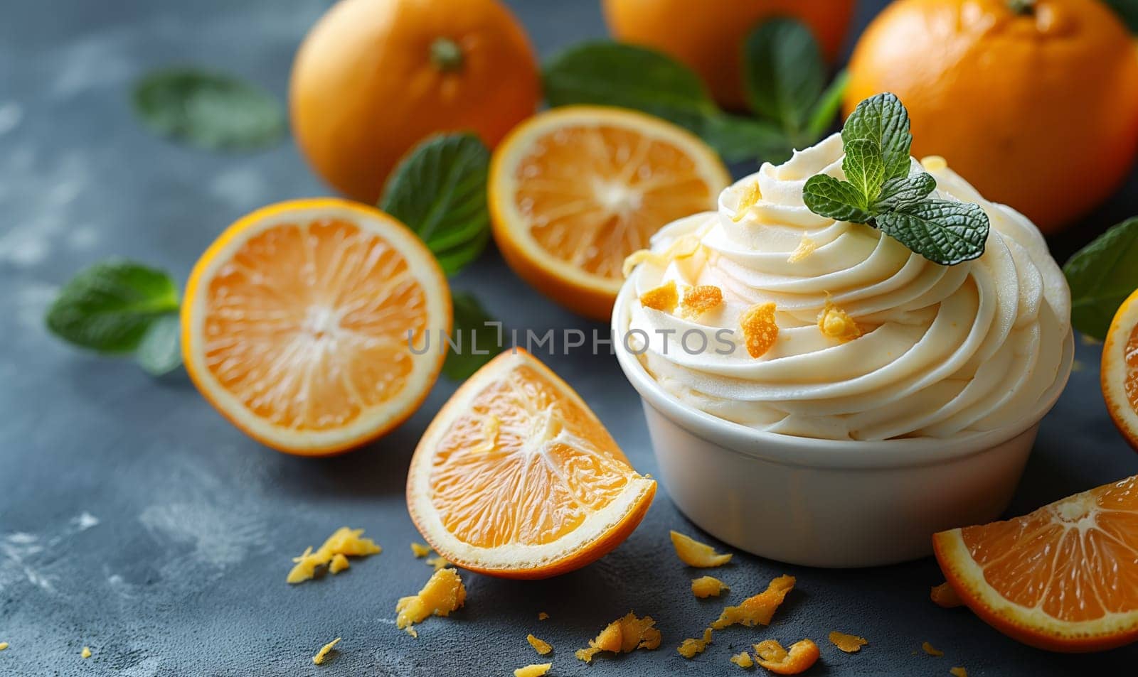 A bowl of whipped cream surrounded by oranges. Selective focus.