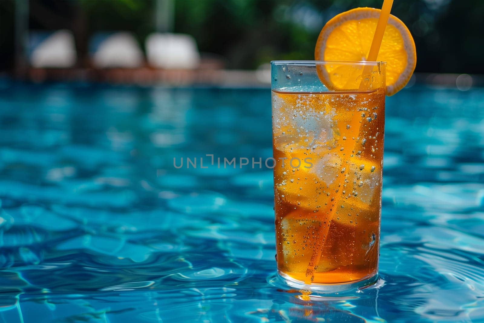 A refreshing iced orange drink sits on the edge of a pool, ready to be enjoyed on a hot summer day.