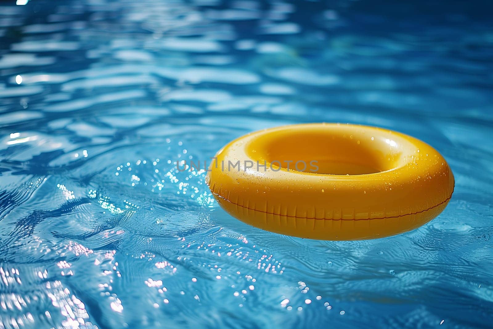 A bright yellow inflatable ring floats on the surface of a clear blue pool of water.