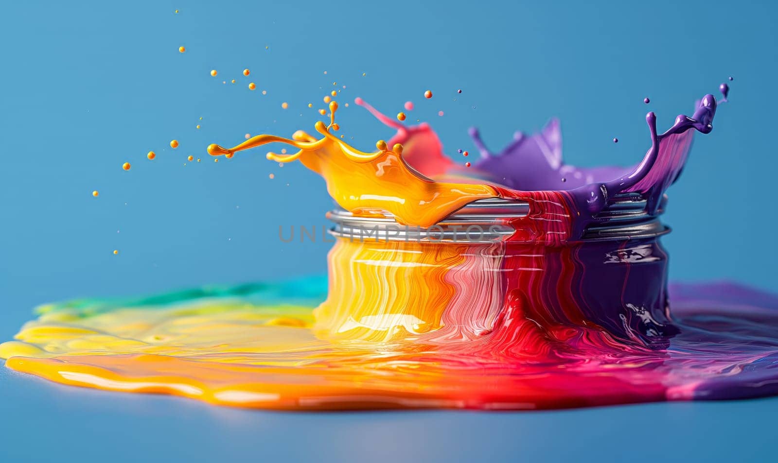 Rainbow paint splashes out of a can. Selective focus.