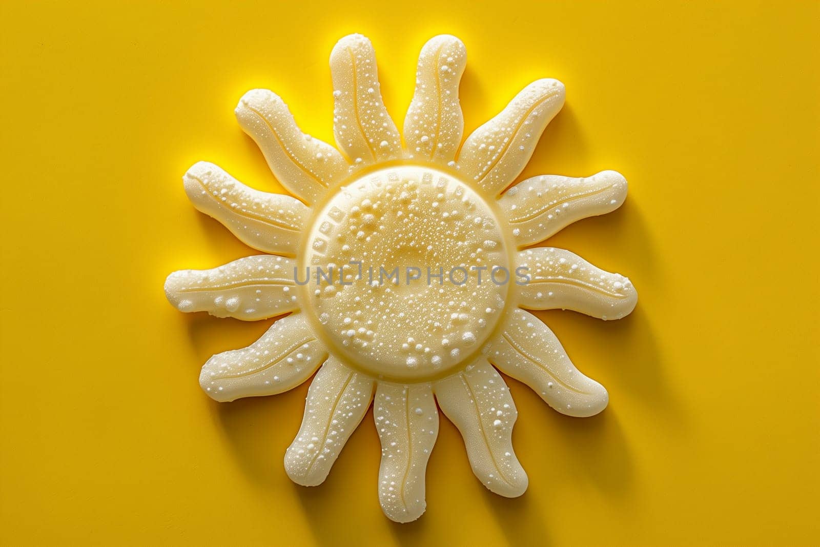 A close-up image of a white cream sun on a yellow background. The sun is made of a white cream, and it has a swirly texture. The background is yellow and has a painted texture.