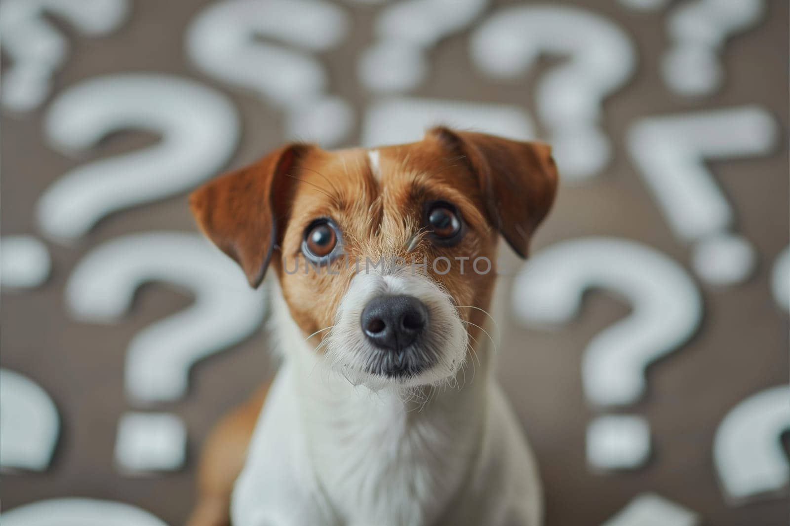 A close-up portrait of a Jack Russell Terrier puppy looking inquisitively at the camera. The puppy is surrounded by pillows with question marks printed on them, adding a playful and inquisitive feel to the image.