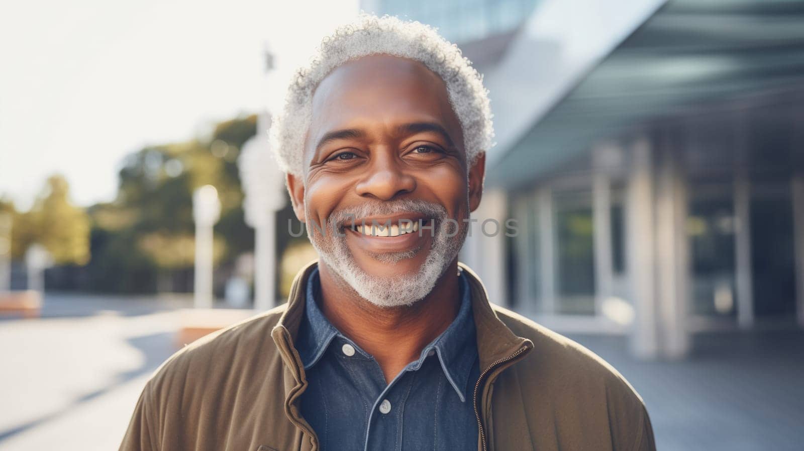 Confident happy smiling mature African businessman with gray hair standing in the city, wearing casual clothes, looking at camera