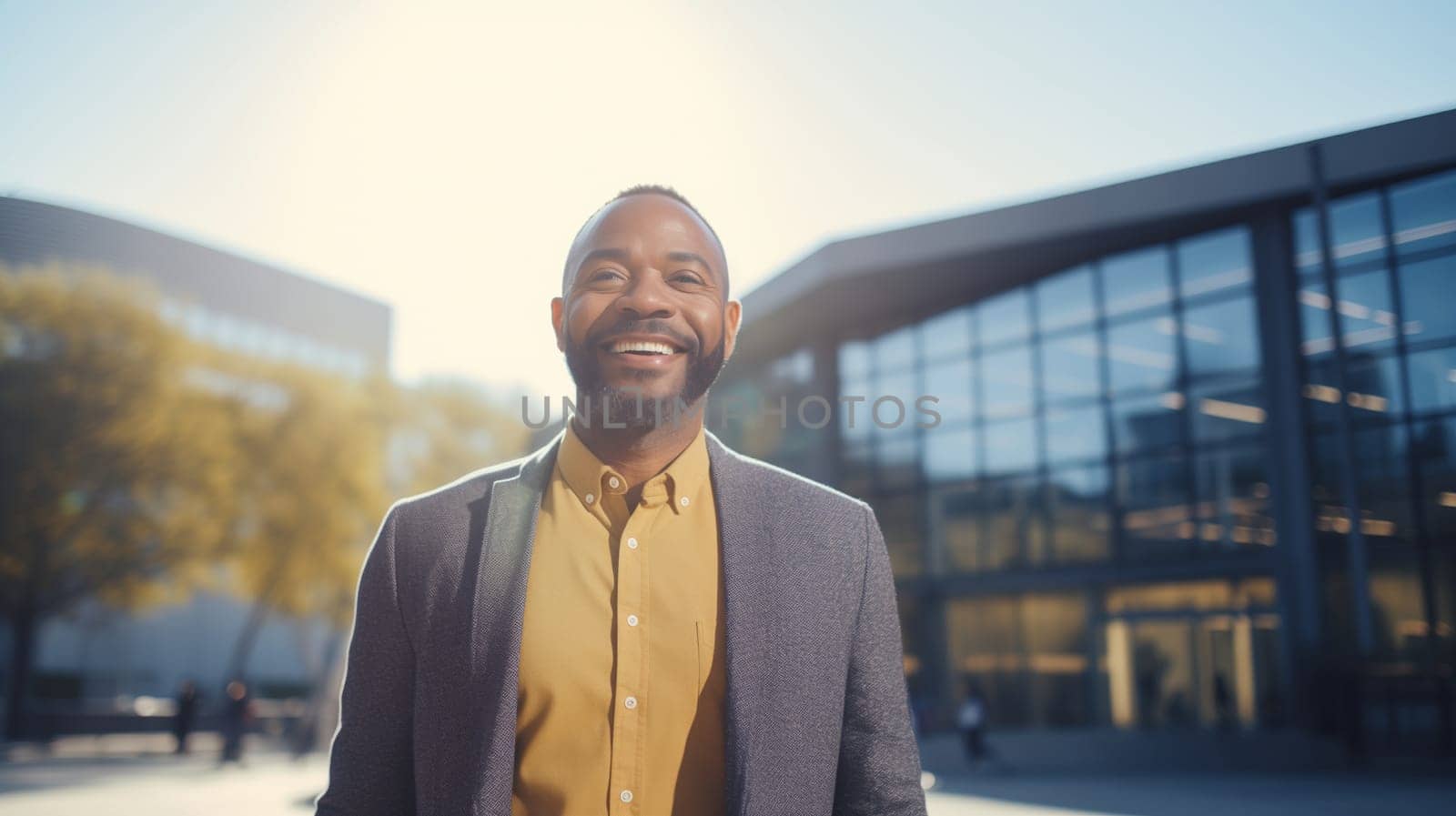 Successful happy smiling mature African businessman standing in the city, black american man wearing business suit, looking at camera