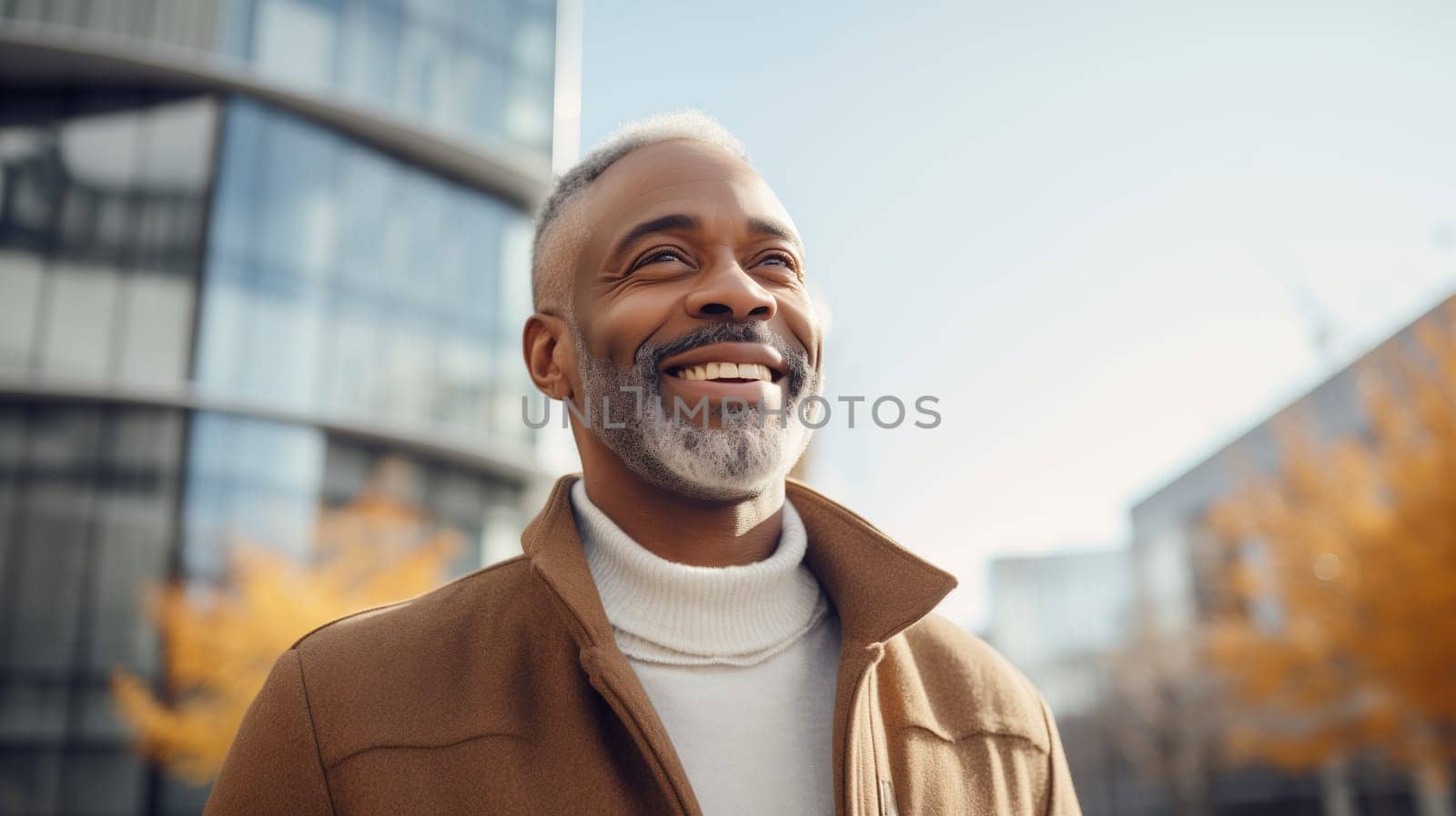 Confident happy smiling mature black entrepreneur standing in autumn city, African businessman wearing casual clothes outdoors looking away