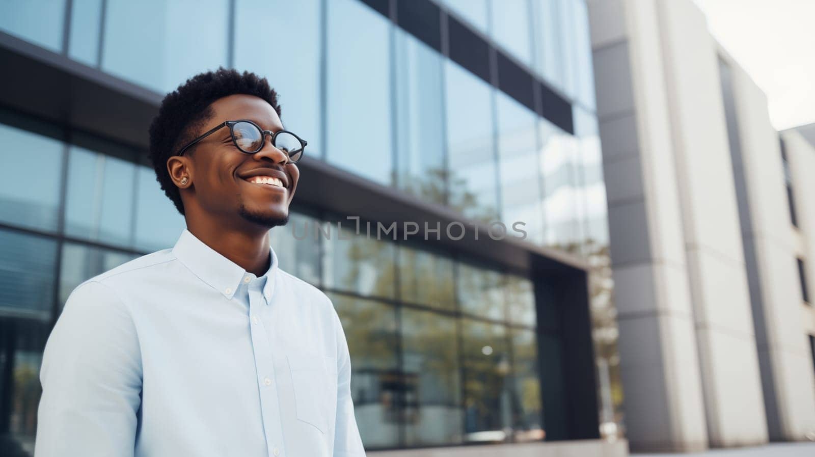 Confident happy smiling black entrepreneur standing in the city, african businessman wearing glasses, white shirt and looking away