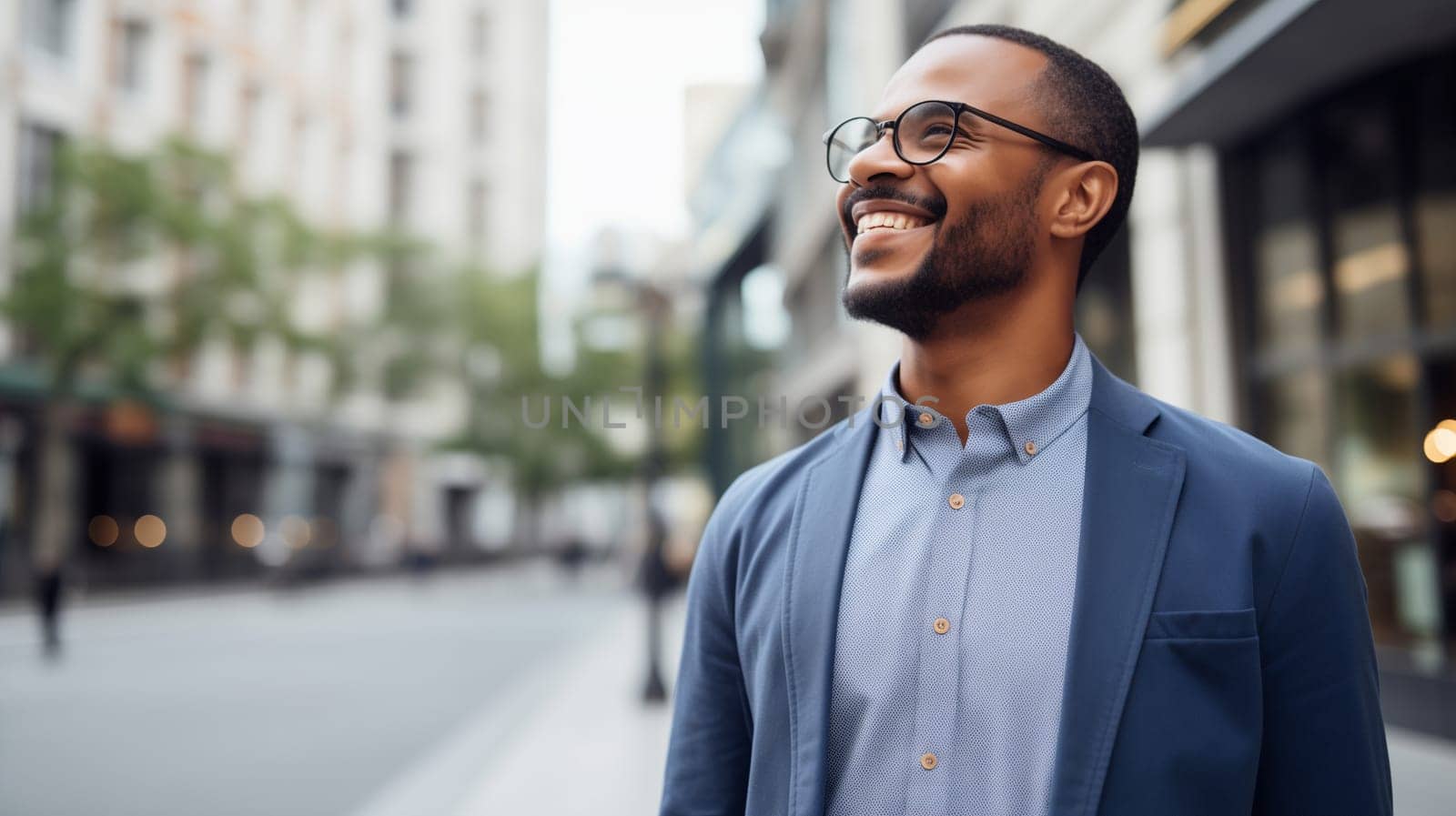 Confident happy smiling black entrepreneur standing in the city, african businessman wearing business suit, looking away