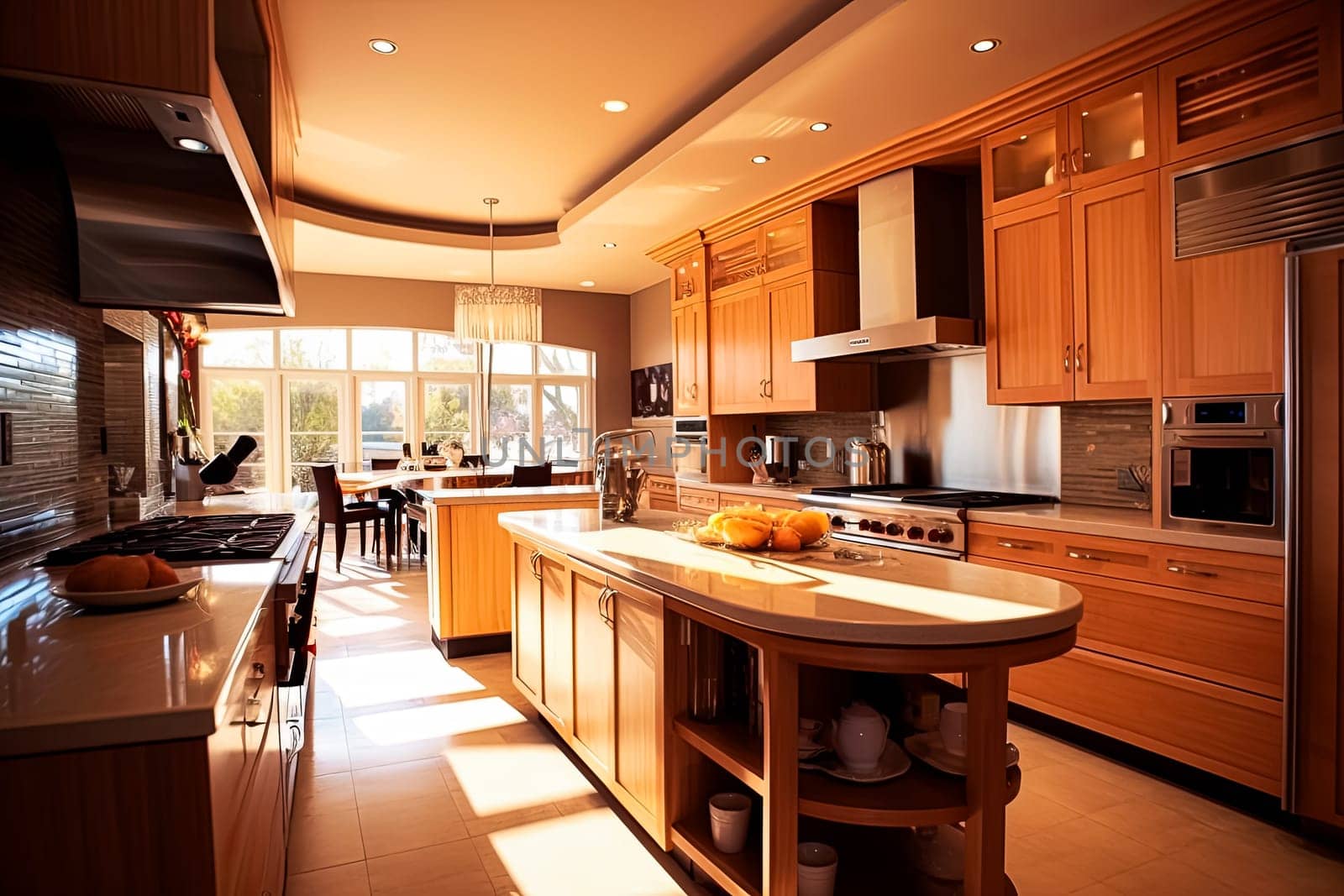 A large kitchen with a curved counter and a stainless steel refrigerator. The kitchen is well lit and has a modern, sleek design