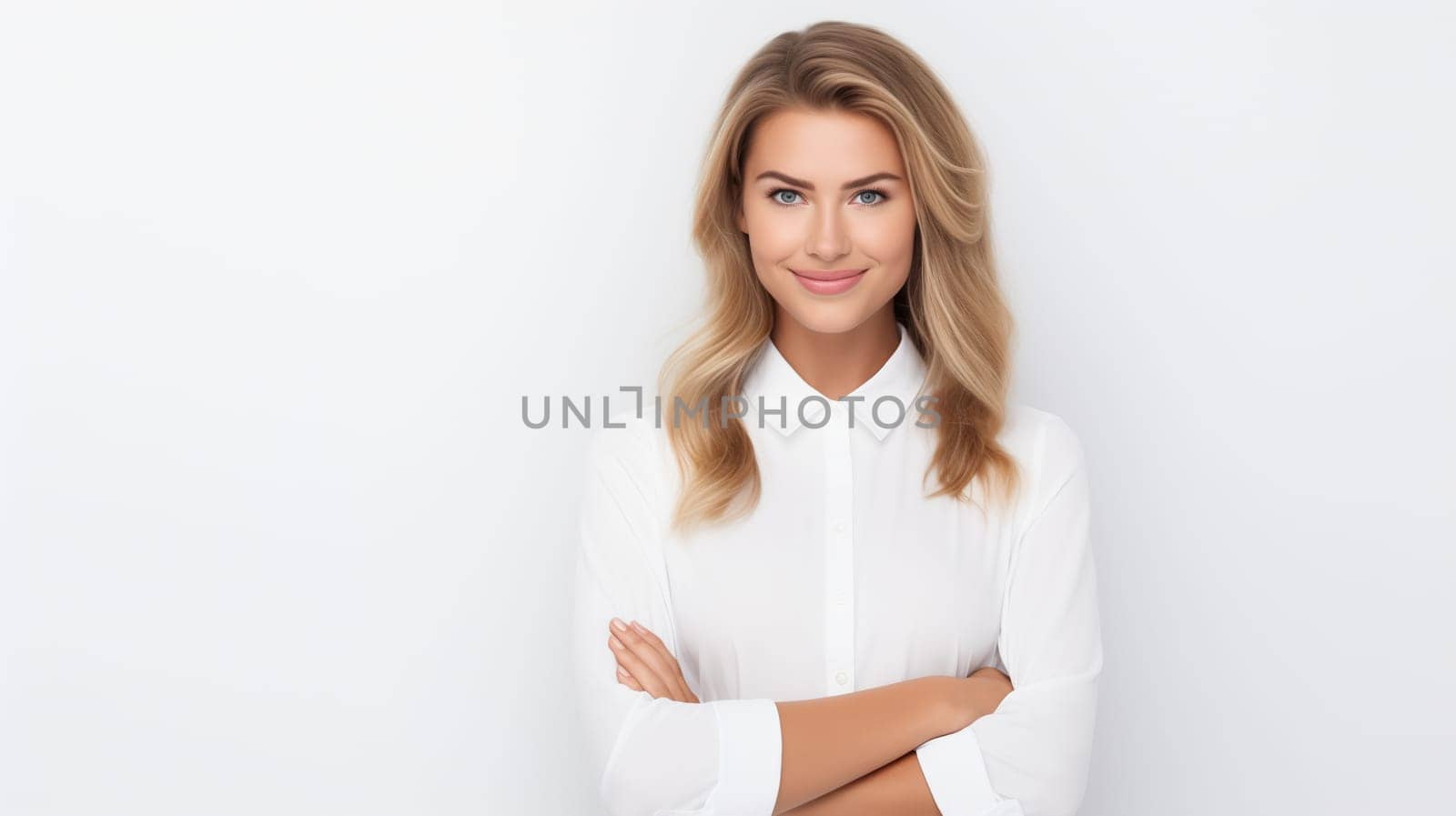 Portrait of confident happy smiling blonde young woman employee standing with crossed arms on white background looking at camera