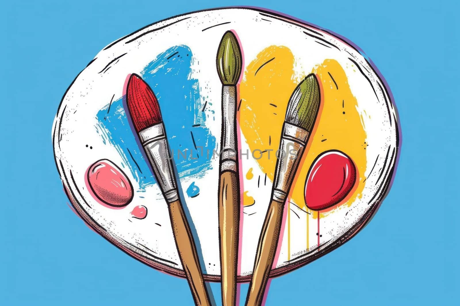 Artistic paint brushes and colorful paint on a plate with brush in the middle for creative crafting inspiration by Vichizh