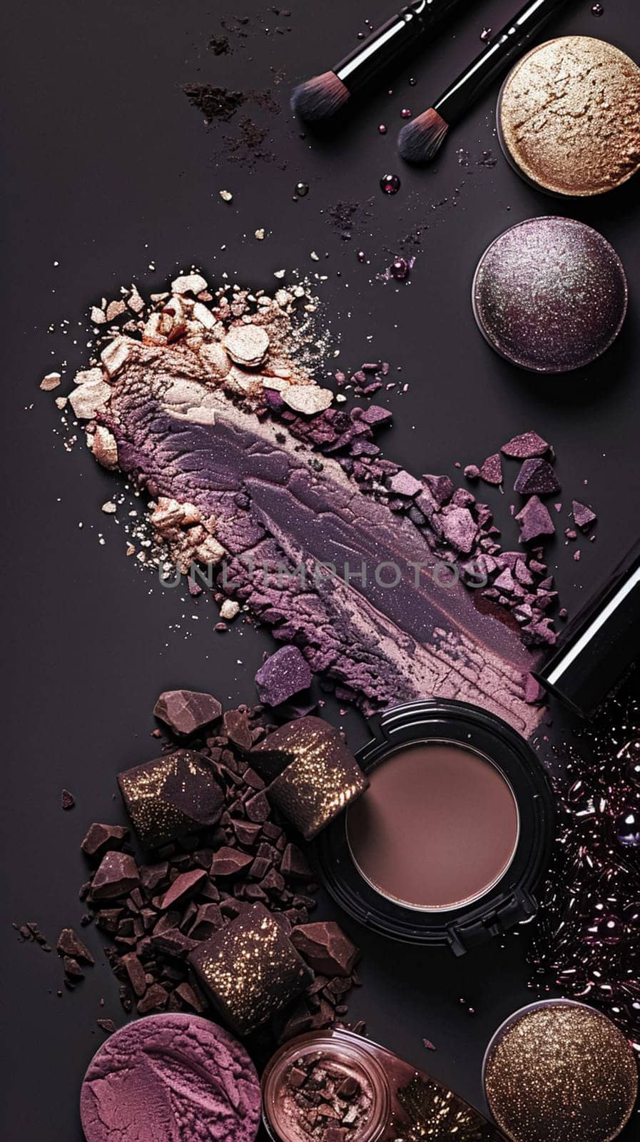 Make-up cosmetic product, beauty products and cosmetics swatch sample flatlay, various makeup brand tools as glamour fashion night out background by Anneleven