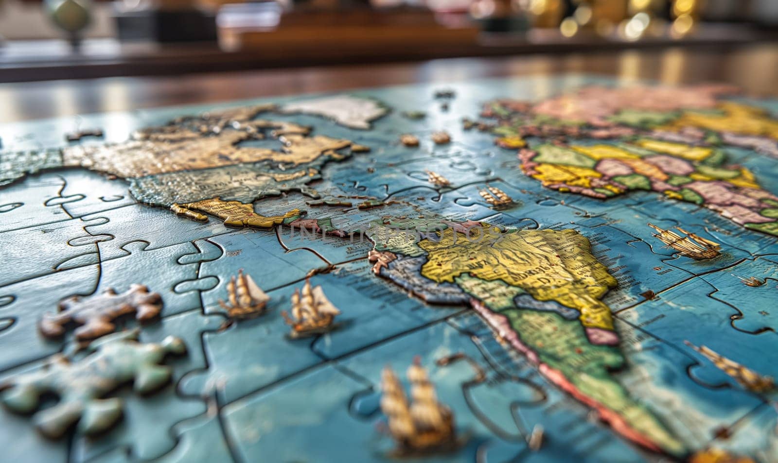 Puzzle pieces connected to form a map of the world. Selective focus