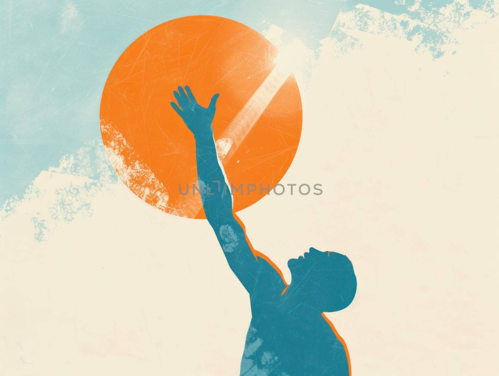 Man reaching up to catch vibrant orange and blue ball in the air as a form of artistic expression by Vichizh
