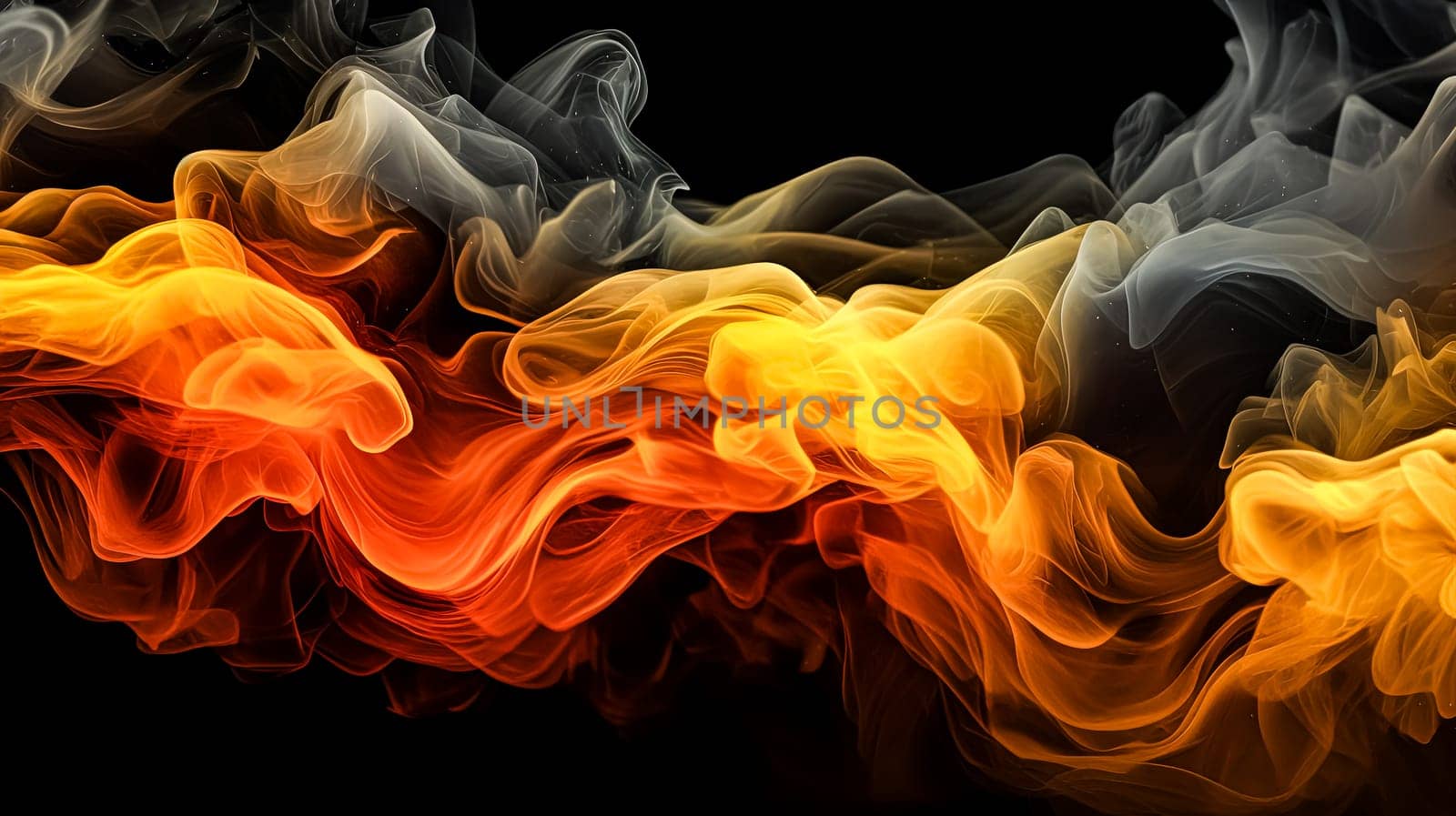 A colorful cloud of smoke with a blue, orange, and purple streak. The smoke is thick and billowing, creating a sense of movement and energy. The colors of the smoke contrast with the dark background
