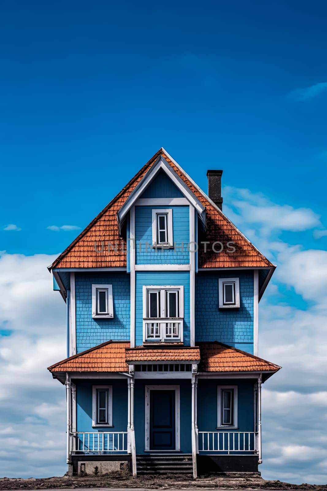 A blue house with a red roof and white trim. The house is small and has a porch. The sky is blue and there are clouds in the background