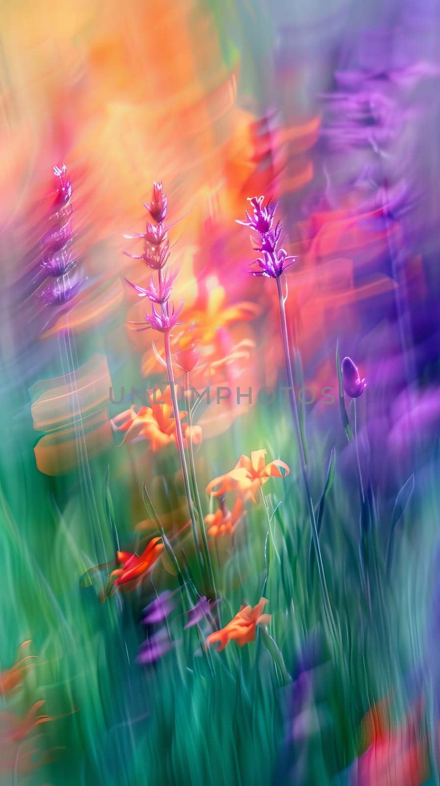 Vibrant abstract floral background with purple and orange wildflowers in the wind, artistic nature concept.