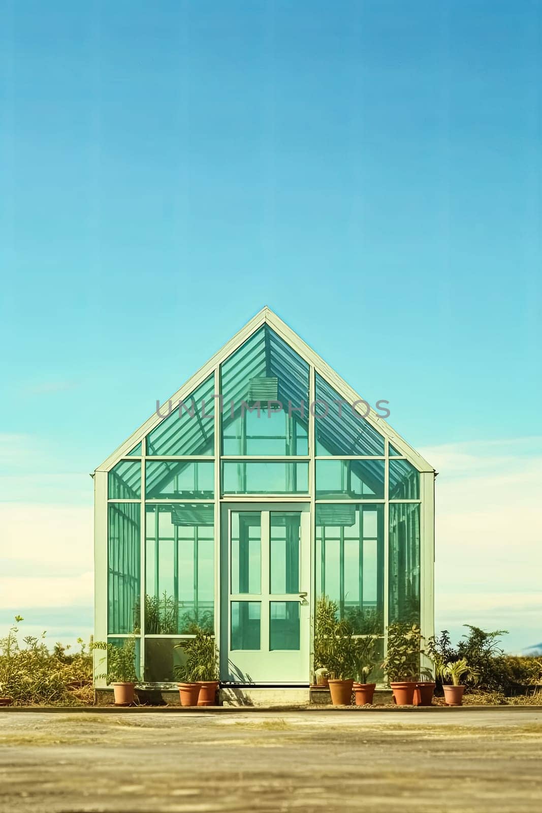 A small green house with a glass roof and a door. The house is surrounded by potted plants