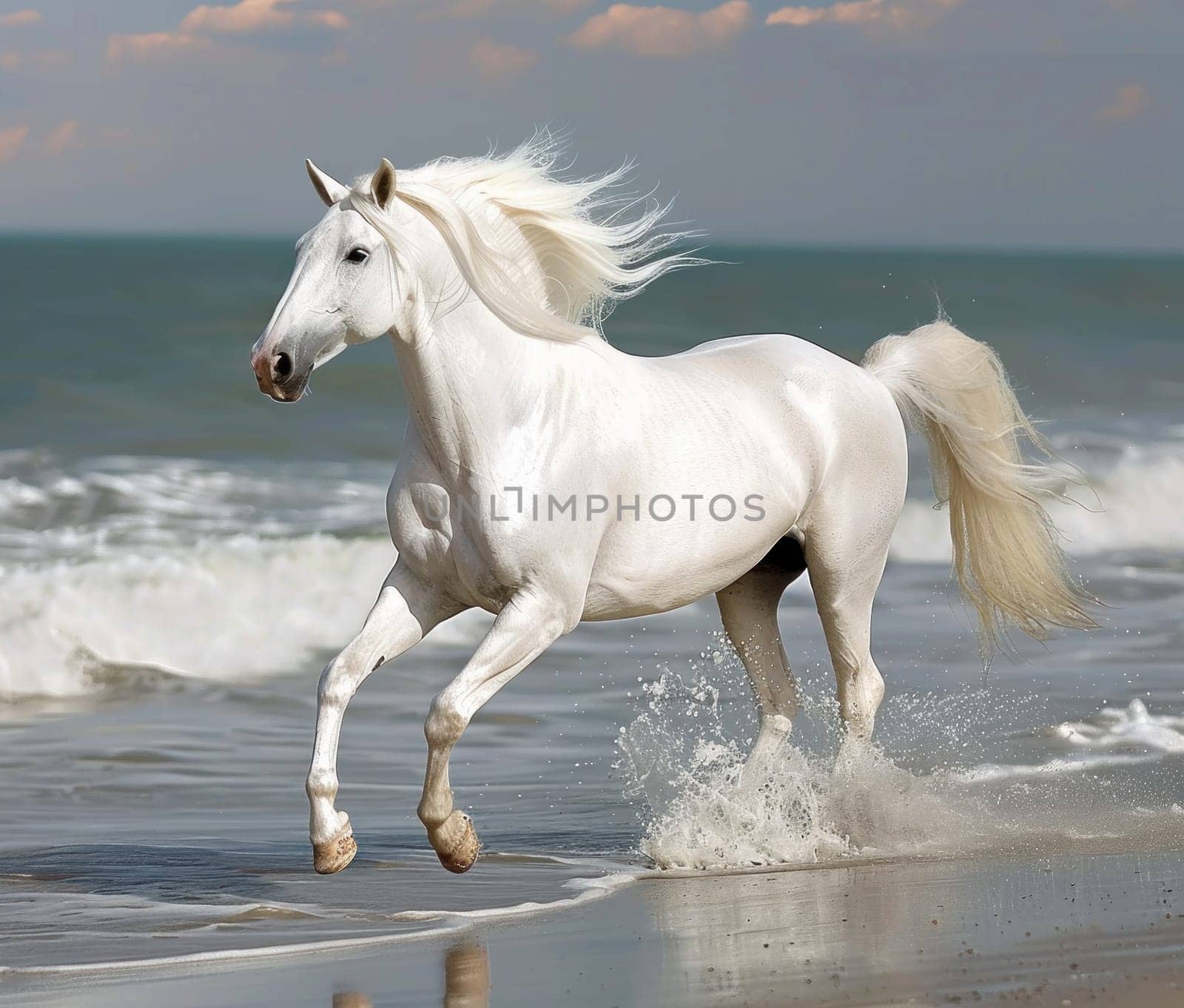 White horse galloping along beach with stunning water view in background perfect travel escape scene