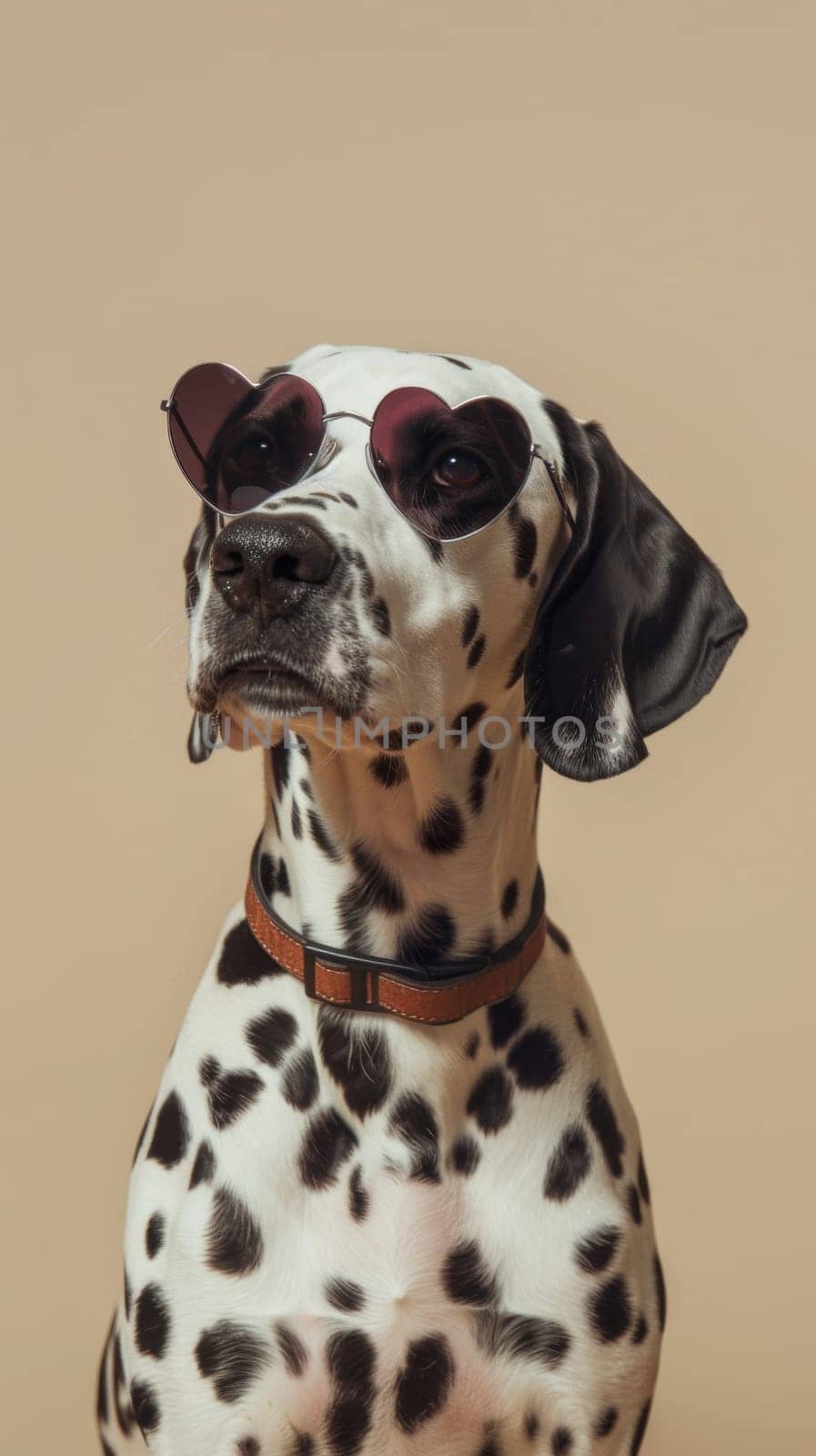 Dalmatian dog wearing heart-shaped sunglasses.