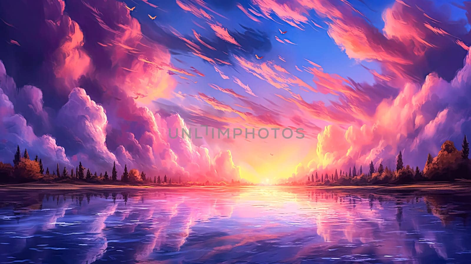 A beautiful painting of a sunset over a lake with a reflection of the sky on the water. The mood of the painting is serene and peaceful