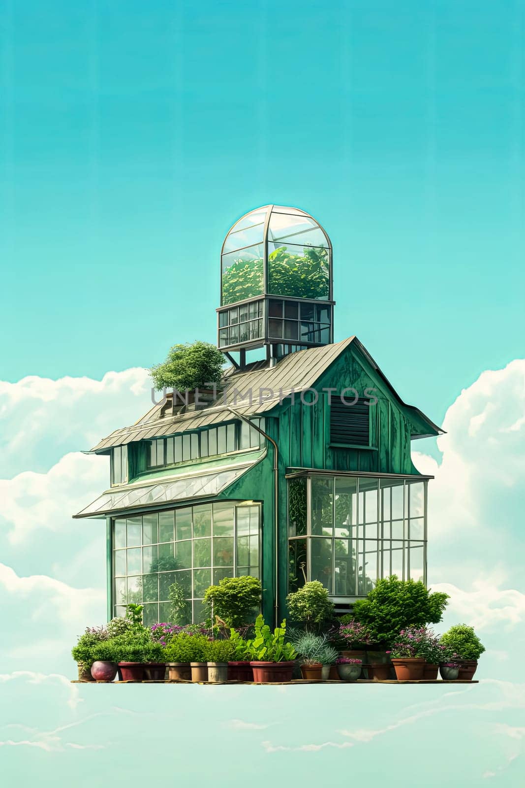 A small green house with a glass roof and a door. The house is surrounded by potted plants