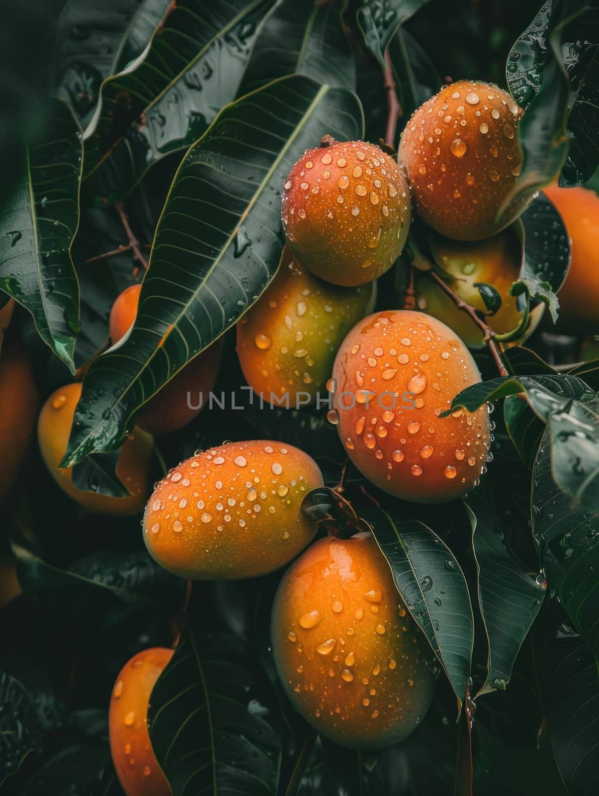 Ripe mangoes on a tree with water droplets representing natural beauty and freshness in tropical paradise