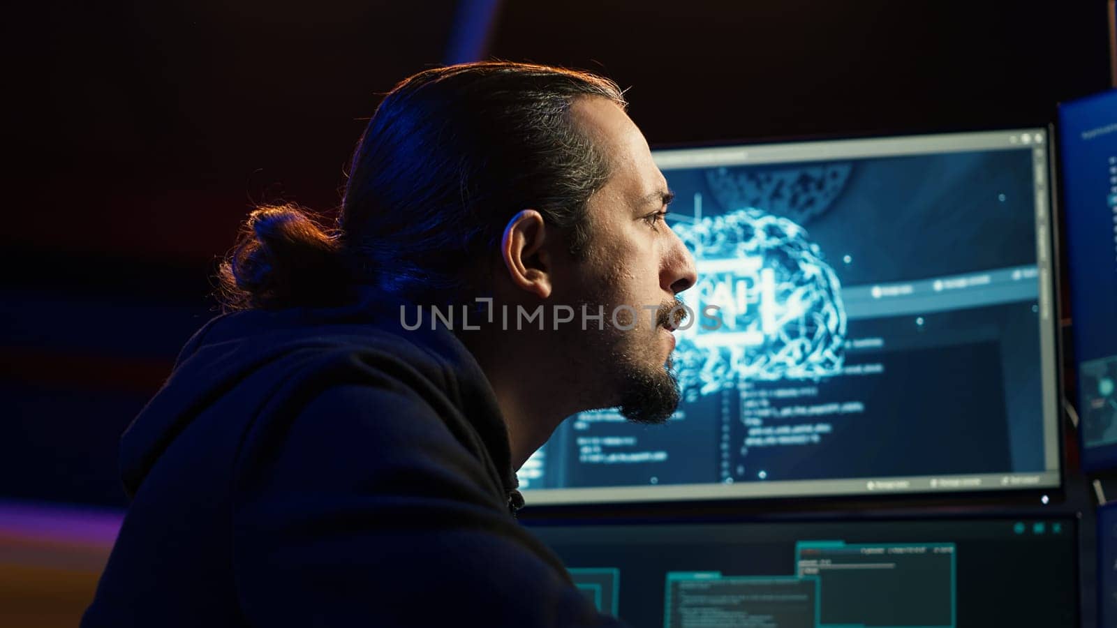 Hacker using AI machine learning to find unpatched connections and steal data. Close up shot of scammer using artificial intelligence to compromise digital devices and illegally gaining info, camera A