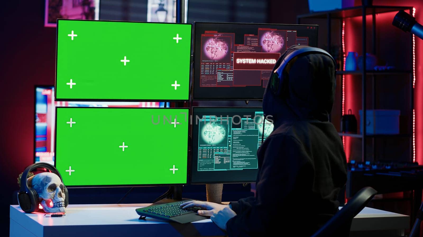 Happy man writing code on green screen PC, celebrating after managing to get past security systems. Joyous hacker feeling proud after breaching firewall using mockup computer, camera A