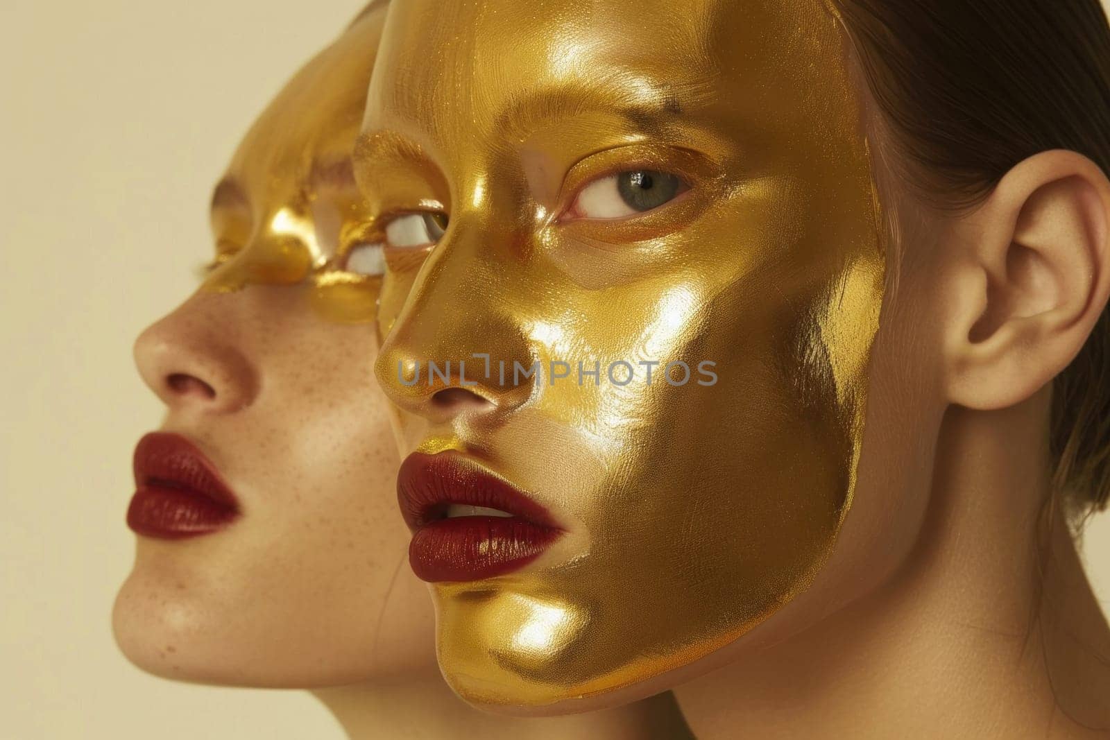 Beauty and glamour two women wearing gold foil masks with red and gold lipstick, fashion and style concept by Vichizh