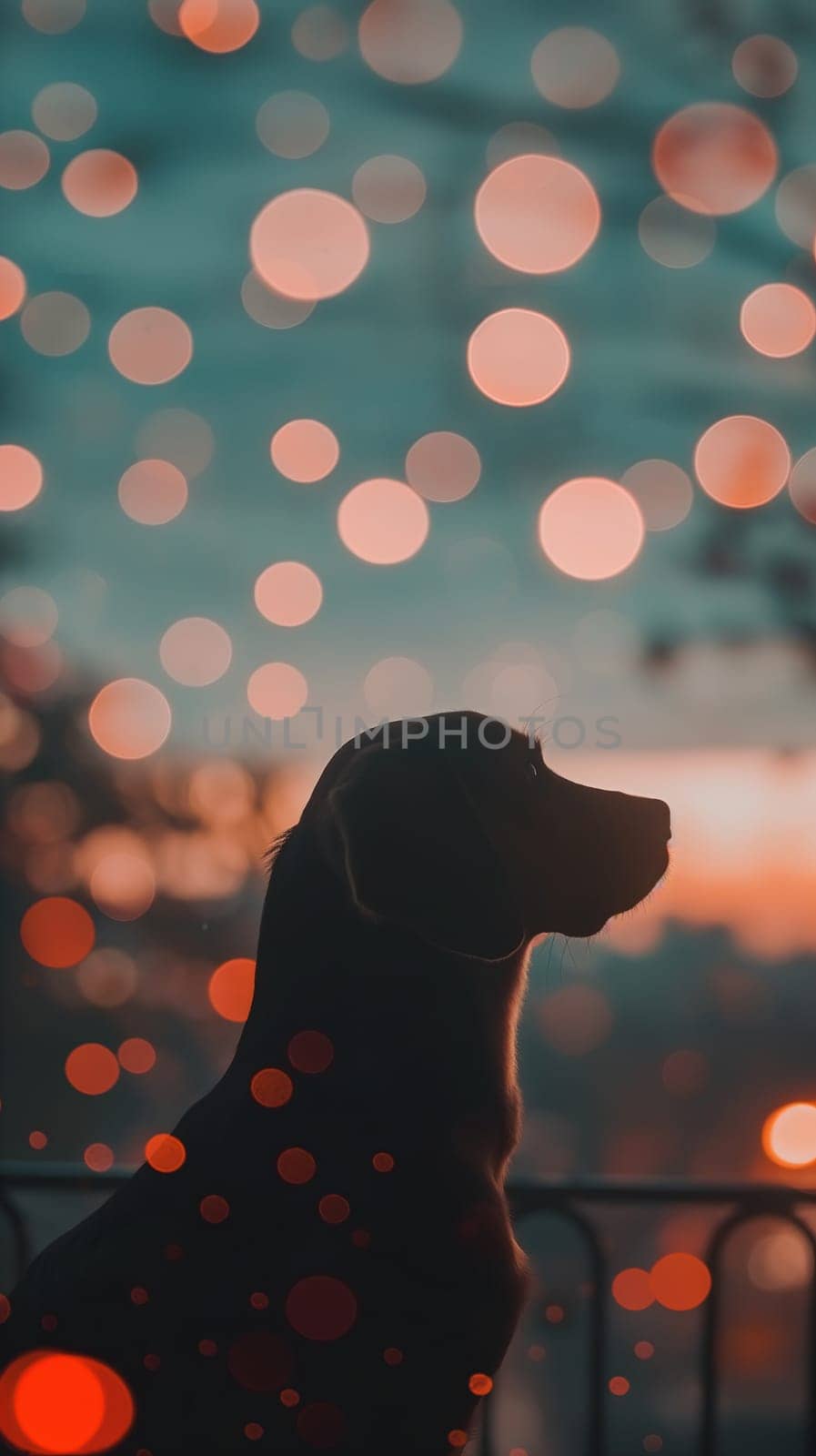 Serene Dog Silhouette Against Twilight Bokeh Lights by chrisroll