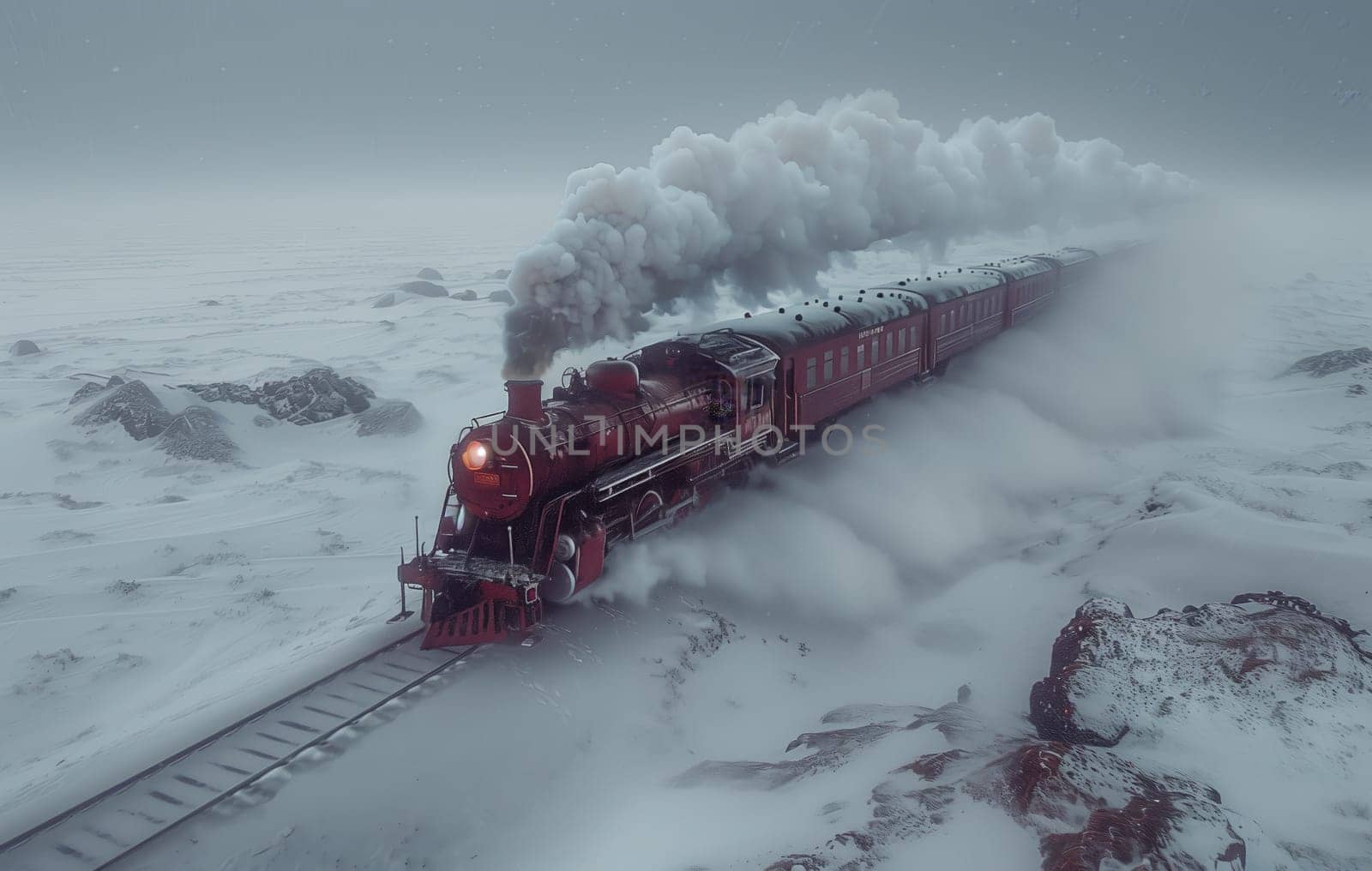 The locomotive rushes along snow-covered rails. Selective focus