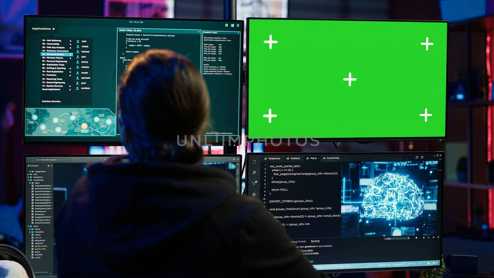 Hacker uses green screen PC and AI deep learning to develop zero day exploit undetectable by antivirus. Scammer uses artificial intelligence and mockup computer to build data mining script, camera A