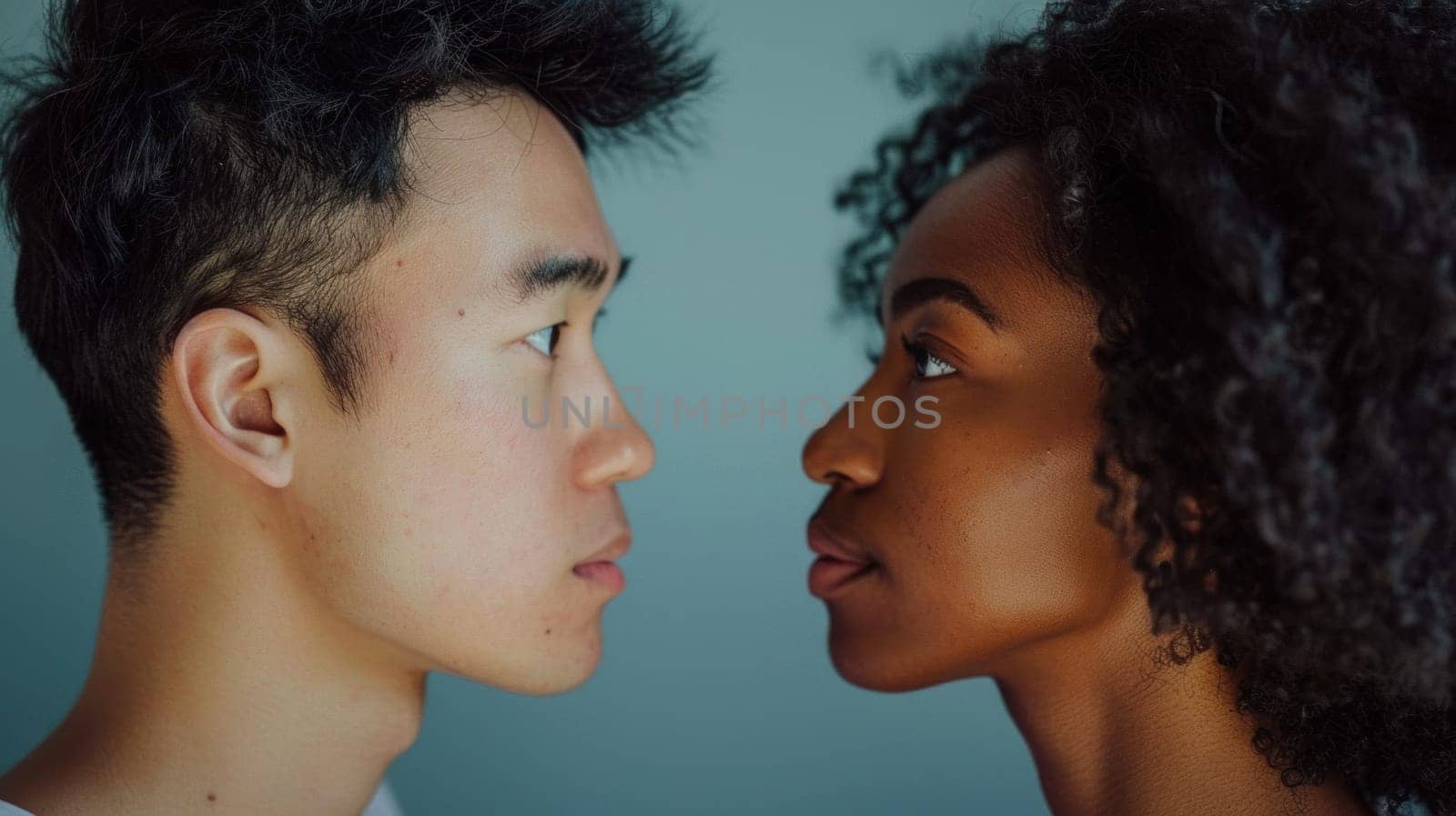 Asian man and woman in intense eye contact connection and understanding in cultural exchange and business meetings