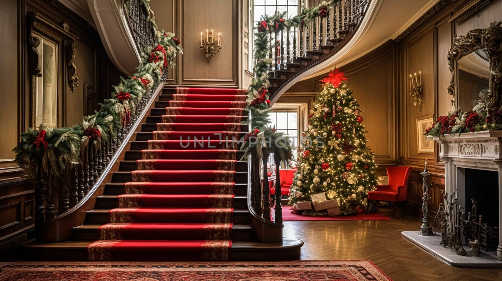Christmas at the manor, grand entrance hall with staircase and Christmas tree, English countryside decoration and interior decor by Anneleven