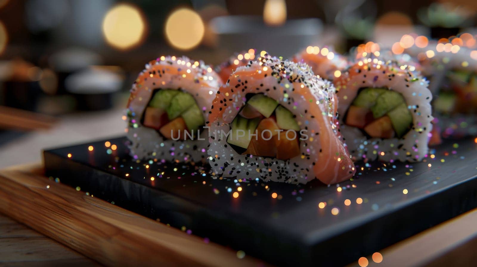 Close-up of festive sushi rolls with vegetables and bokeh lights, food presentation. Japanese cuisine celebration concept.
