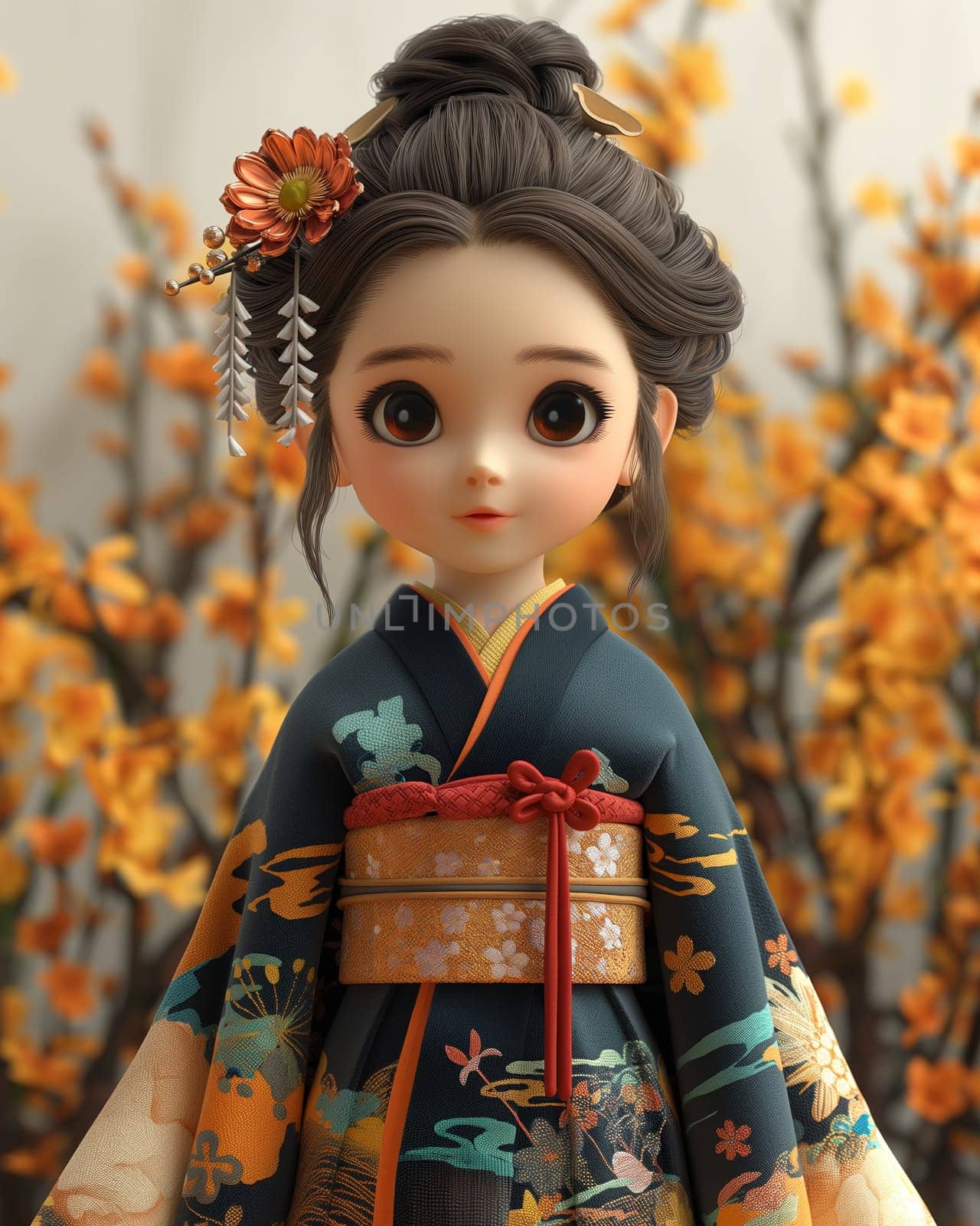 Cartoon, 3D boy in national traditional Asian attire. Selective focus.