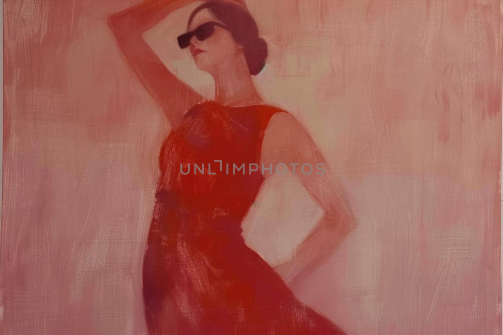 Fashion statement woman in red dress and sunglasses posing with elegance and style in artistic painting