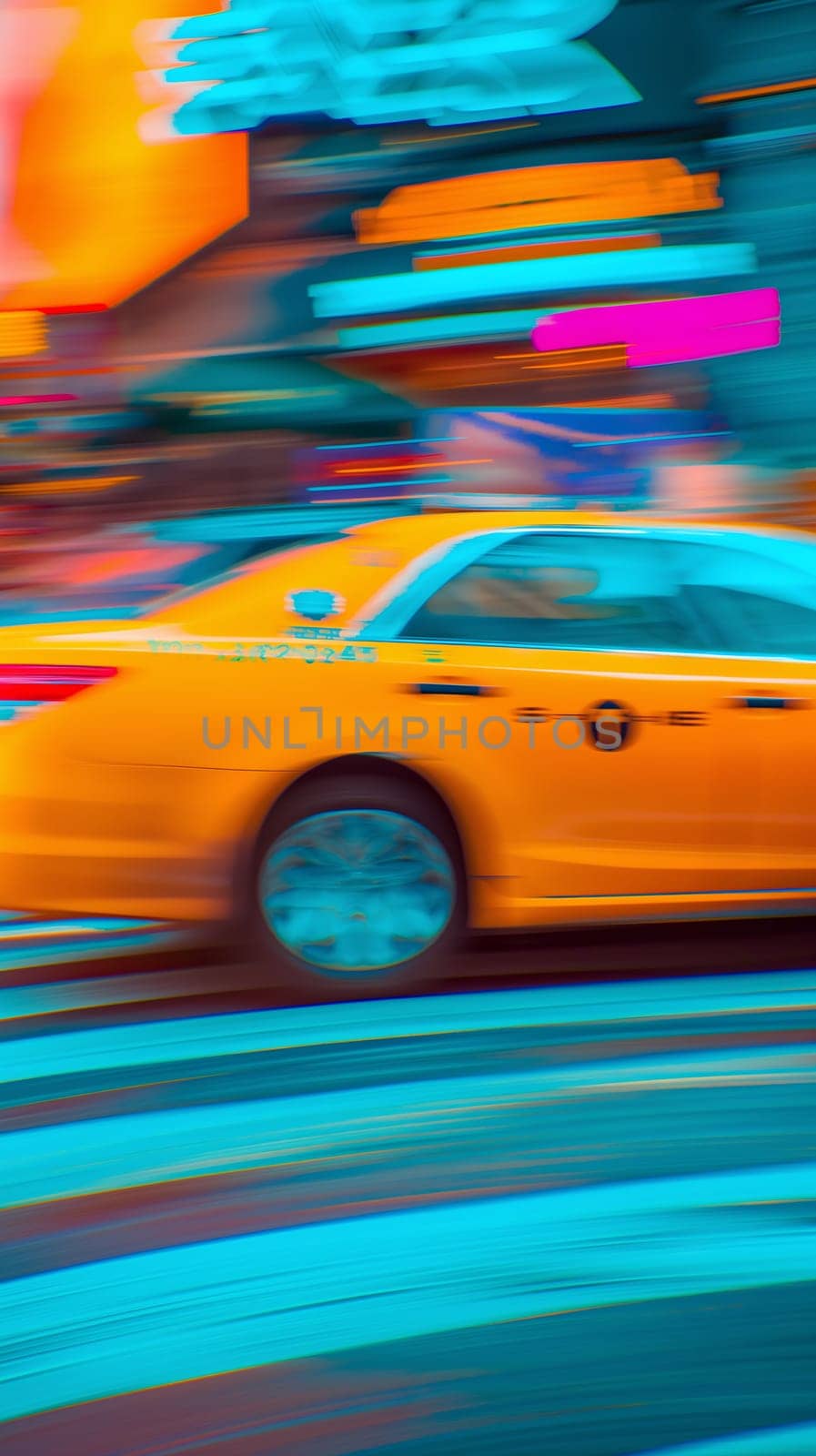 A streak of vivid colors captures the dynamic motion of a yellow cab rapidly moving through a bustling city street at night - Generative AI