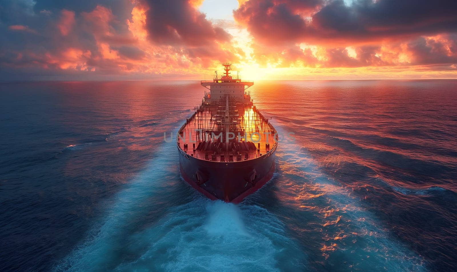 Large Ship Sailing in Vast Ocean. Selective focus.