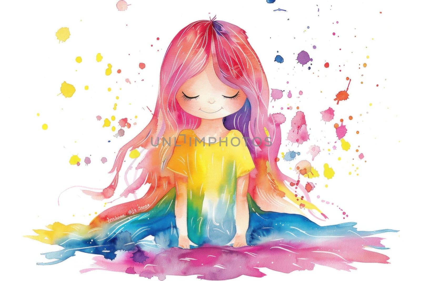 Colorful watercolor art illustration of a beautiful girl immersed in a pile of paint splatters by Vichizh