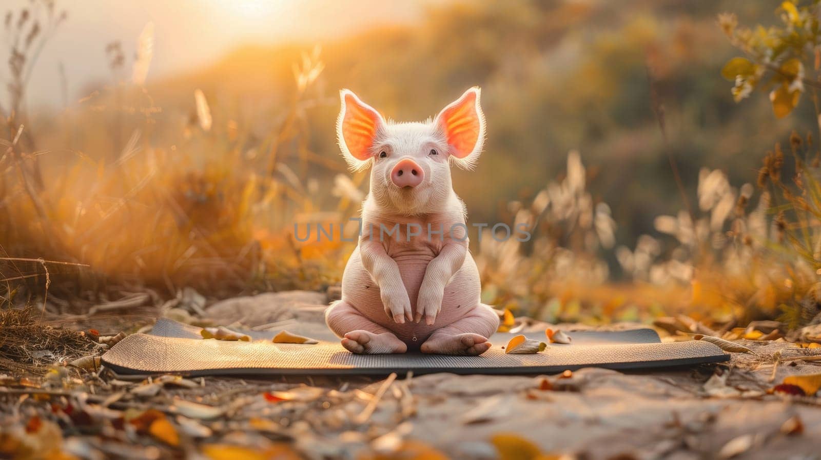 A little pig in a yoga, Adorable pig doing yoga with nature sunset background.