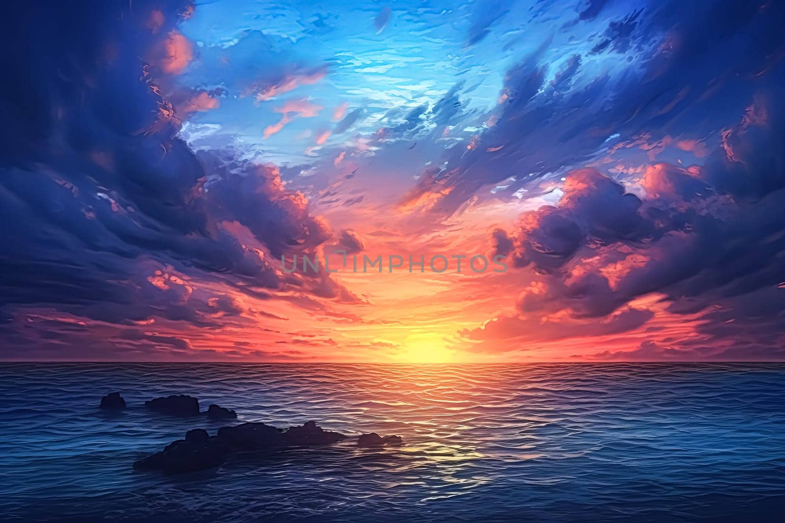 A beautiful sunset over the ocean with a few clouds in the sky. The sky is a mix of blue and pink colors
